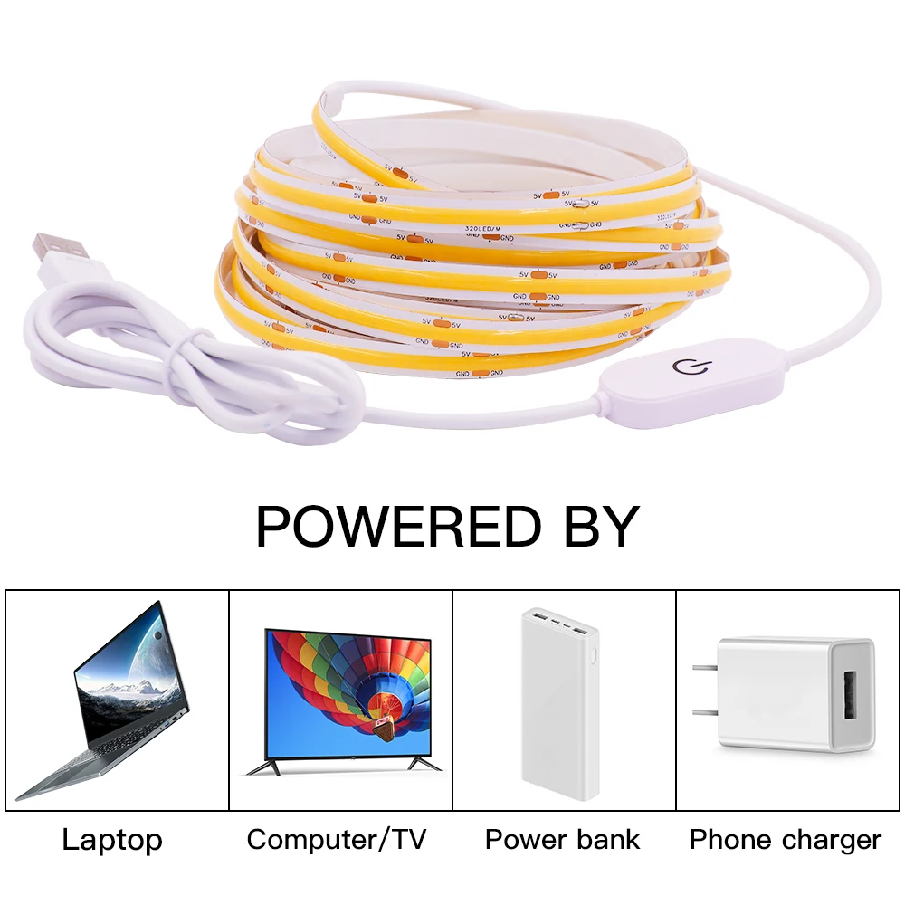 5V USB COB LED Strip Light Dimmable Touch Switch 320LED/m High Density Linear Lighting DC5V Power Flexible Tape Decor | Лампы и
