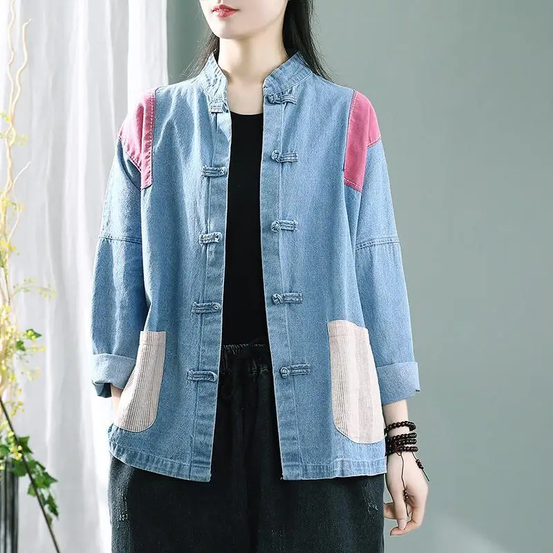 

NEW denim washed women coat spring/autumn jeans jackets vintage chinese style stand collar shirt cardigan causal clothing