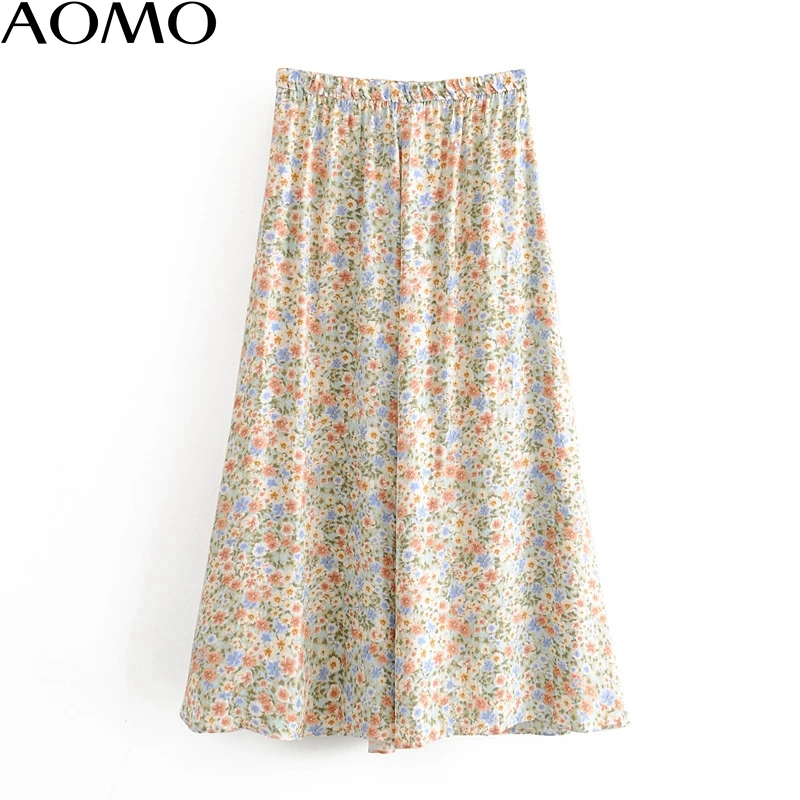 

AOMO casual women floral print pleated midi skirt faldas mujer vintage strethy waist office ladies chic mid calf skirts 6A172A