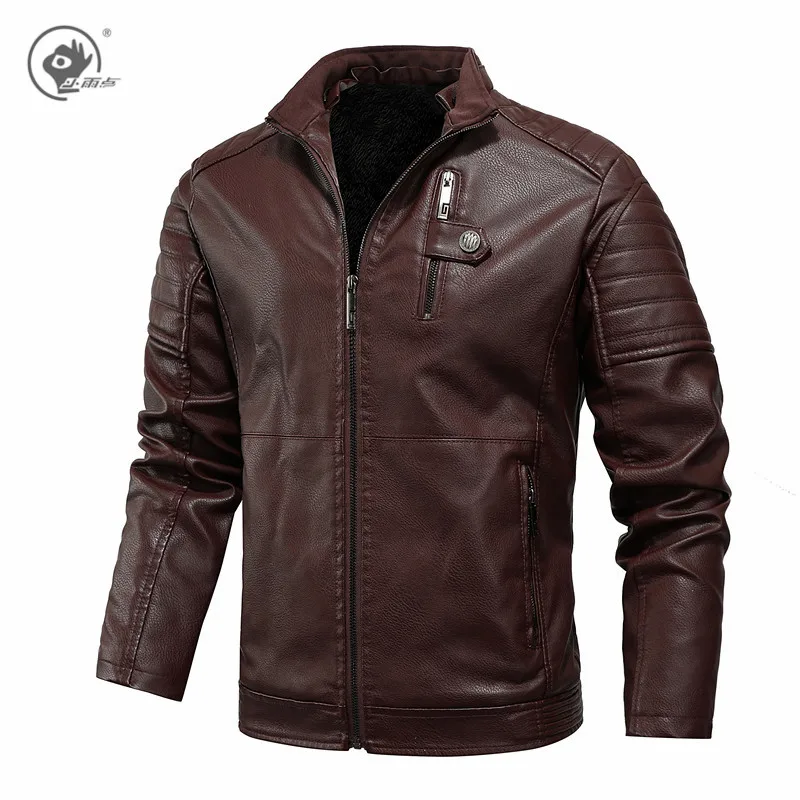 

Little Rain Winter Jacket Men Big Size Stand Collar Fleece Lined Bomber Faux Leather Jacket Fashion Slim Fit Biker Jacket
