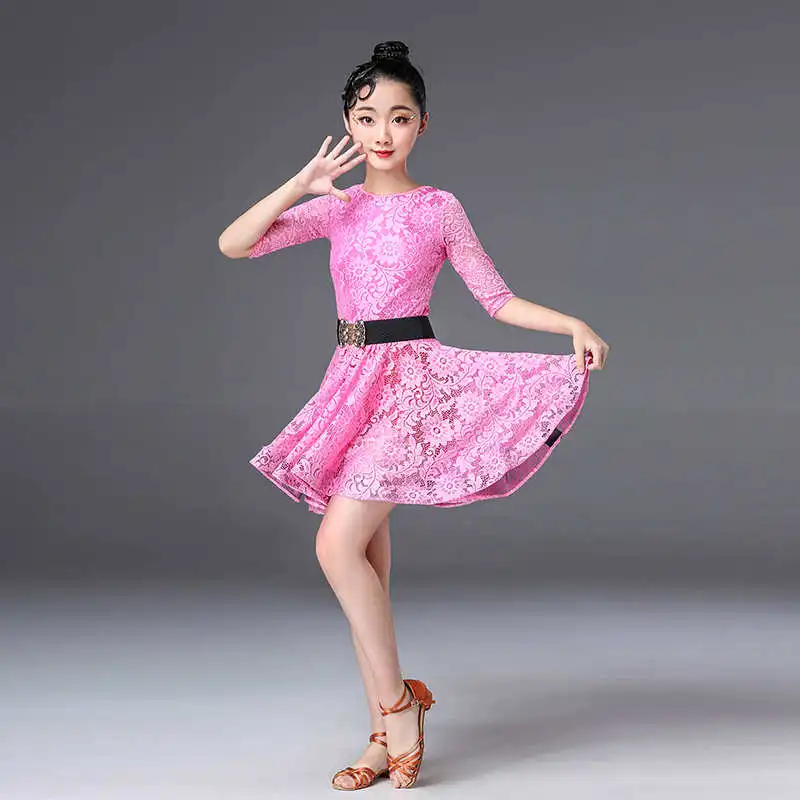 short pink Кружевная детская одежда для латинских танцев, танцевальная одежда для соревнований, платье для танго, Фламенго, бальных танцев, сальсы, румбы, ча-ча, для девочек - Цвет: short pink