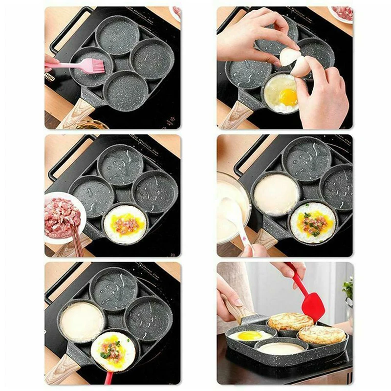 

Pans 4 Hole Fried Egg Burger Pan Non-stick Ham Pancake Maker Wooden Handle Suitable For Gas Stove And Induction Cooker