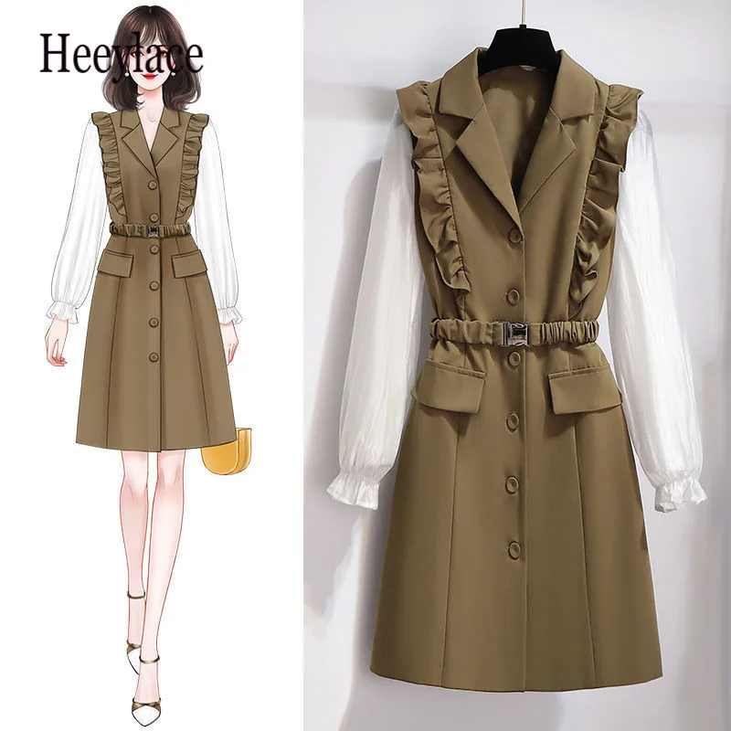 

Женское офисное элегантное платье с длинным рукавом, лоскутное платье-трапеция с отложным воротником и V-образным вырезом, корейское Повсед...