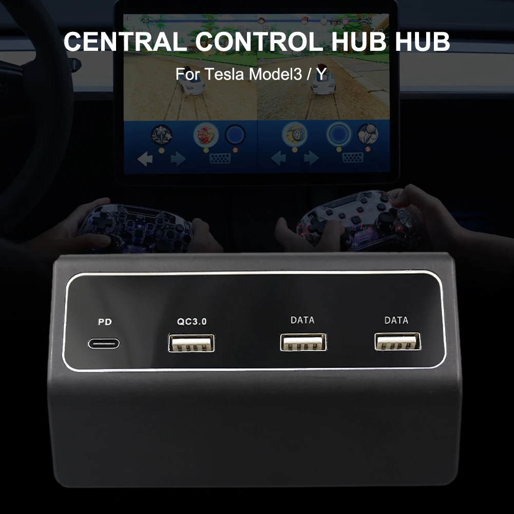 

Car Charger 4 In 1 USB Hub for Tesla Model3 Model Y Center Console USB Dongle Splitter with PD QC3.0 Dual USB Ports
