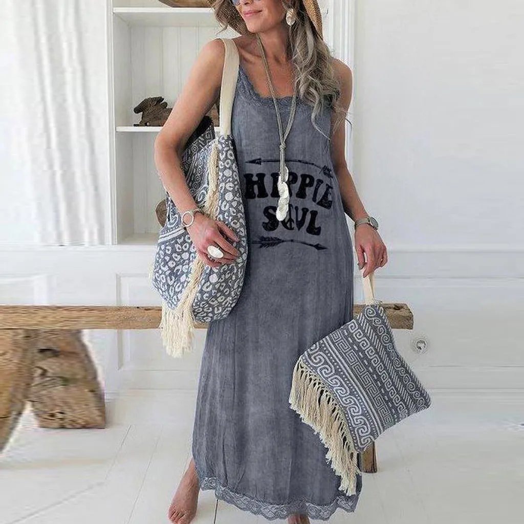 Летнее Длинное платье без рукавов женское Повседневное с круглым вырезом модное