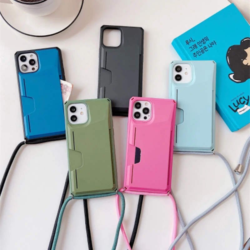 

Luxury Wallet Card Holder Lanyard Phone Case For iPhone 12Pro MAX 11 XS MAX X 7 8Plus Candy Color Necklace Strap Card Slot Cover