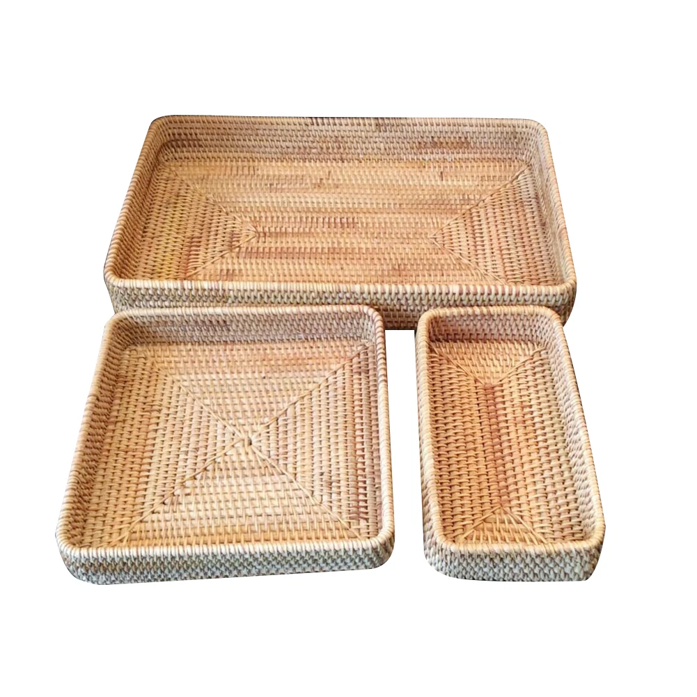 

3PCS/Set Rattan Hand Woven Food Storage basket tea Tray Rectangle Serving Tray Organizer For Desktop Candy Vegetable Fruit Snack