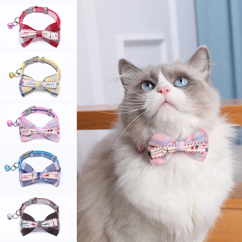 

Pet Cat Bowknot Collar Adjustable Plaid Cat Accessories with Bell for Puppy Kitten Bow Tie Lovely Pet Product