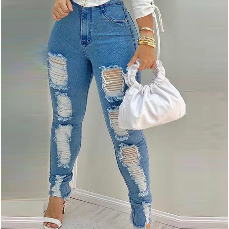 

Wepbel Skinny Denim Pants Hole Pencil Pants Trousers Ripped Jeans Women High Waist Washed Jeans Streetwear Bodycon Jeans