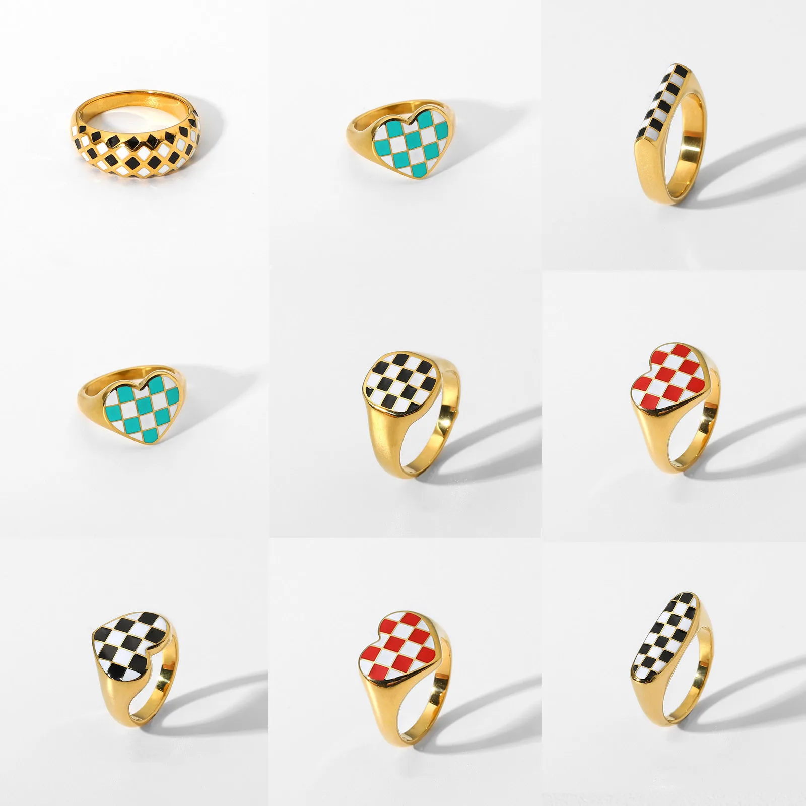 

18K Real Gold Plated Rings Stainless Steel Unadjustable Rings Multicolor Checkerboard Heart Enamel Rings For Women Gifts 1 Piece