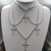 goth punk geometric silver color chain hollow cross pendant necklaces for women trendy statement metal chain jewelry necklace