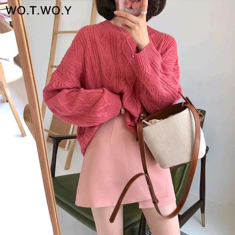 S19273Pink WOTWOY осенний вязаный белый свитер для женщин повседневные тонкие женские пуловеры с круглым вырезом крест-накрест корейский стиль Женские топы - Цвет: S19273Pink