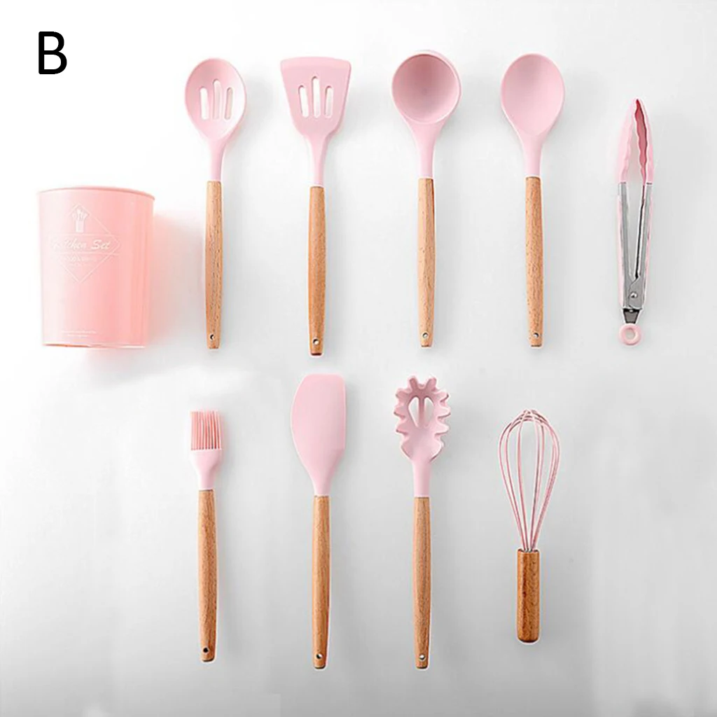 Pink 10Pcs 9/10/12 Pcs Silicone Cooking Tools Kitchen Utensils Set Bamboo Handles Cooking Tool None Toxic Kitchen Gadgets Nonstick Cookware - Цвет: Pink 10Pcs