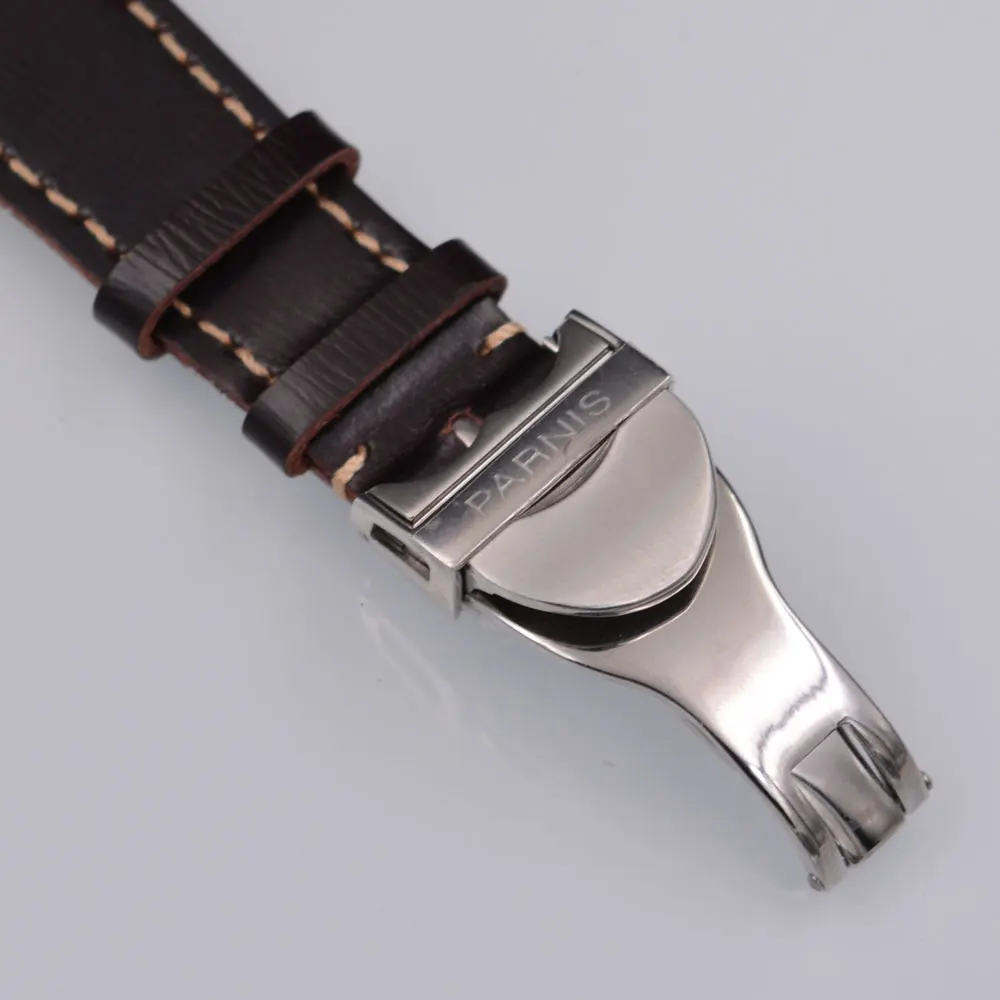 Parnis 43mm Black dial Brown leather strap automatic men's fashion casual mechanical watch | Наручные часы
