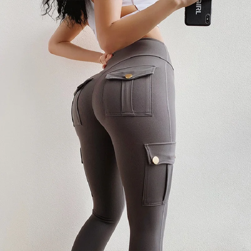 Fitness Women Leggings Withe Pocket Solid High Waist Push Up Polyester Workout Leggings Cargo Pants Casual Hip Pop Pants