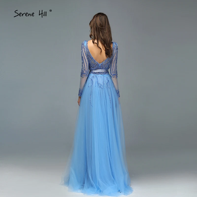 Blue Dubai Luxury Sequined Sparkle Evening Dresses Long Sleeve Beading Evening Gowns Serene Hill Plus Size LA60858