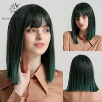 blonde unicorn synthetic medium length straight bob ombre green wig with bangs for blackwhite women cosplay party hair wigs