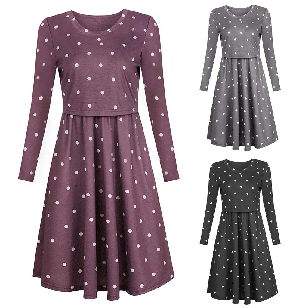 Зимнее платье для беременных в горошек с длинным рукавом грудного вскармливания