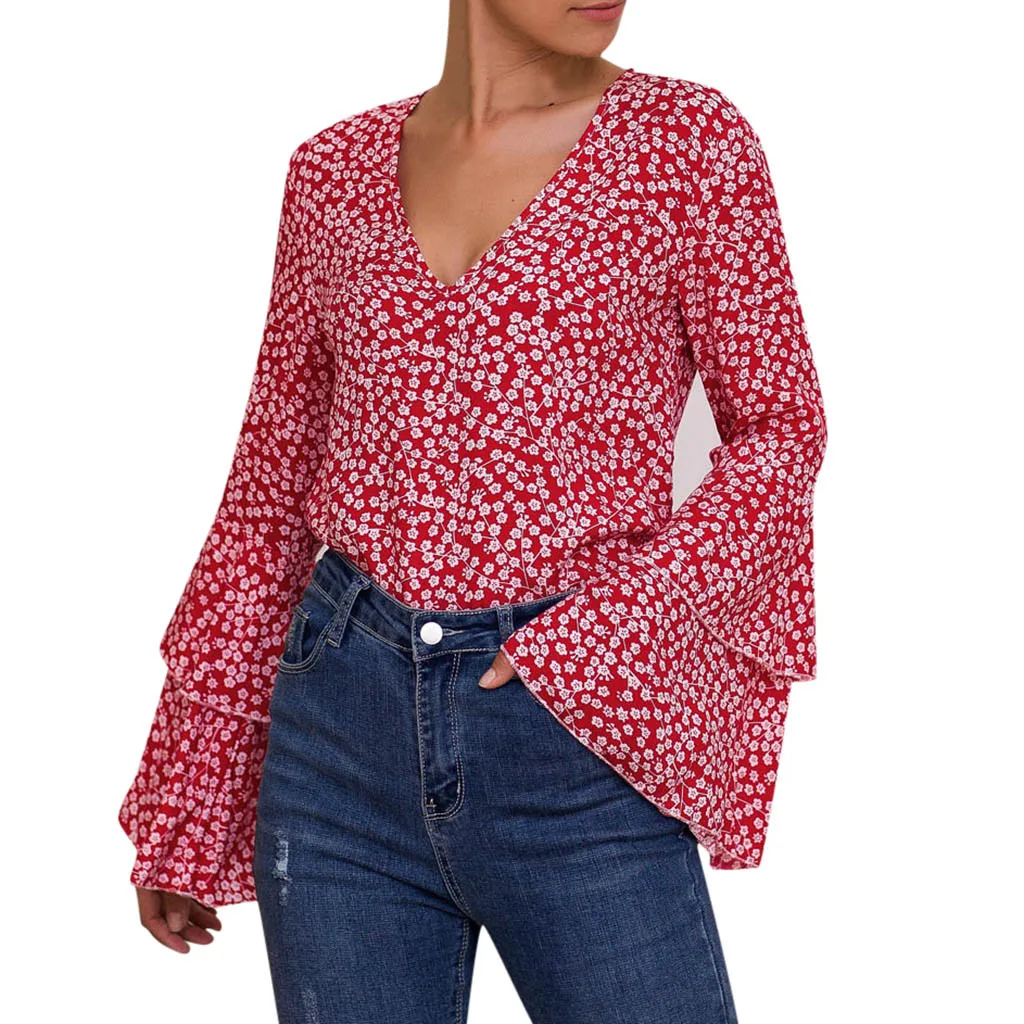 Женская блузка с v-образным вырезом и цветочным принтом Повседневная Блузка
