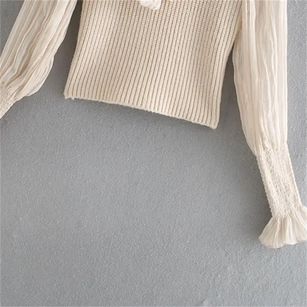 

TRAF2020 fashion retro palace style women's bowknot net yarn stitching long-sleeved hedging streetwear