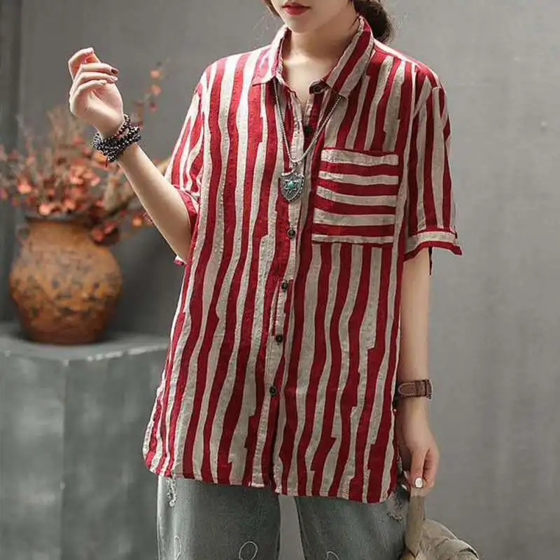 

Women Summer Striped Blouse Long Sleeve Blouse with Pocket Turn-down Neck Shirts Casual Tops Blouse Chemisier Female Blouse
