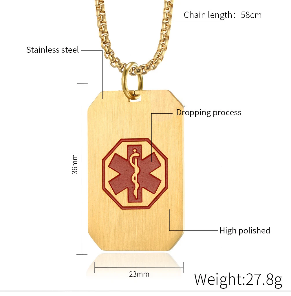Angepasst DIY Medical Alert ID Halskette Dog Tag Anhänger für Männer Edelstahl Matte EIS SOS Halsketten Personalisierte Schmuck – Detail 4