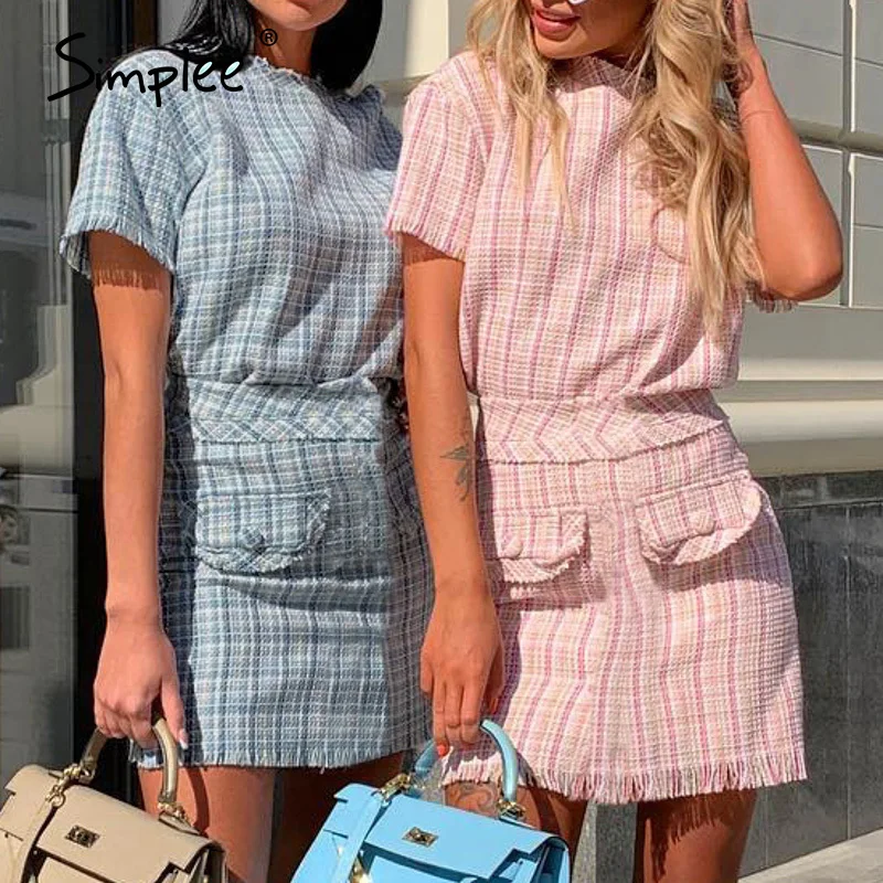 Простое Элегантное женское платье в клетку весеннее из двух предметов с круглым