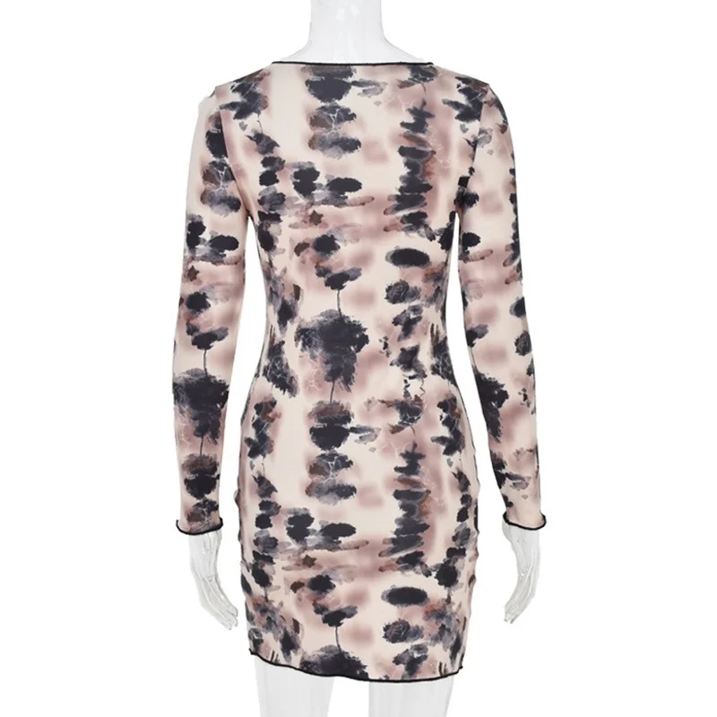 

Women Fashion Sexy Bodycon Dress Casual Long Sleeve Tie Dye Dresses 2021 Fall O Neck Ruffles Print Streetwear Vestido Mini Dress