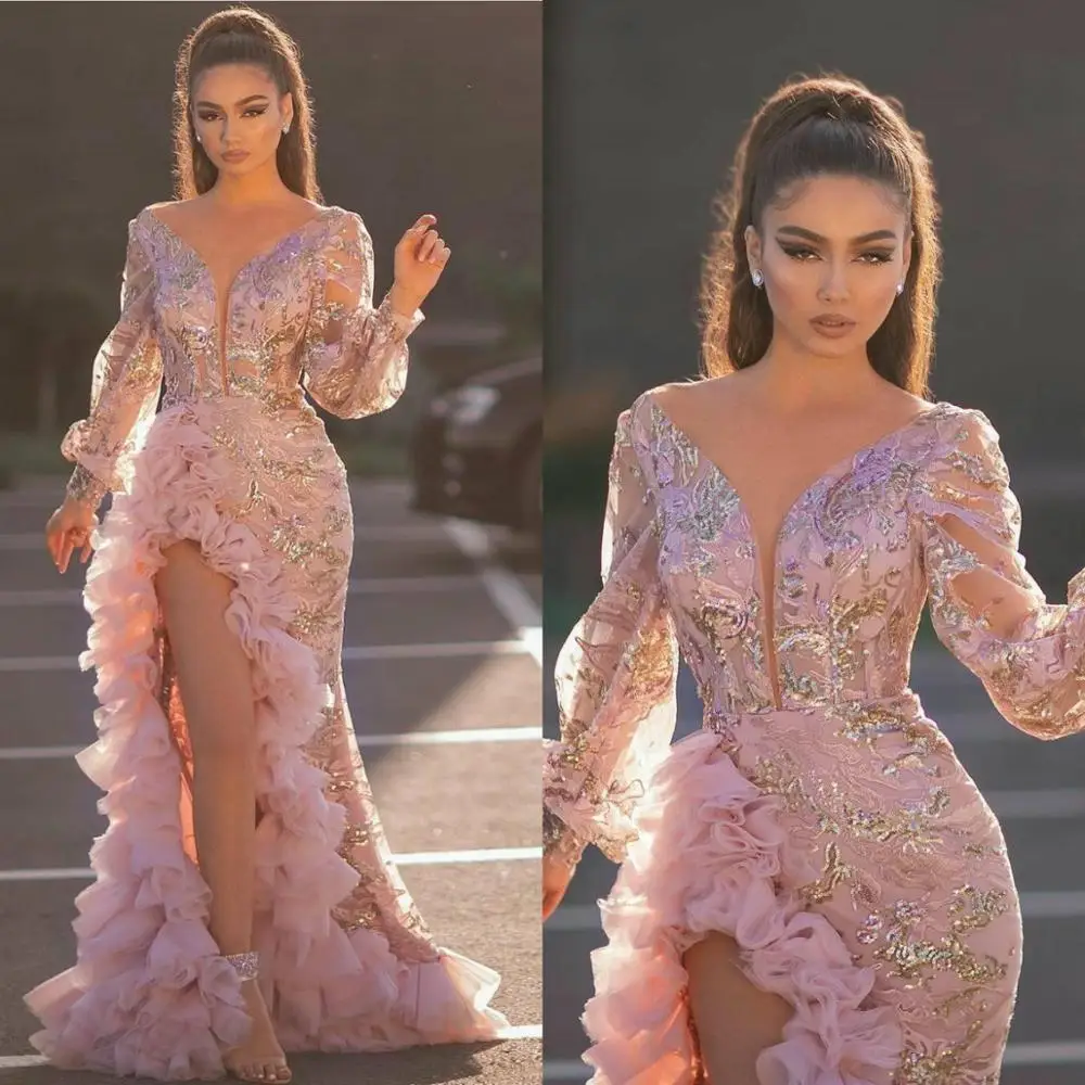 Женское вечернее платье Русалка Aso Ebi с длинным рукавом разрезом сбоку оборками и