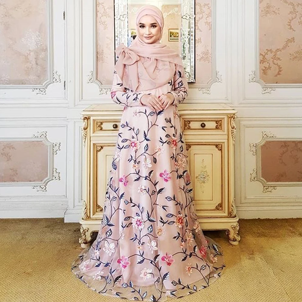 Siskakia Модное Длинное Платье макси с вышивкой круглым вырезом длинным рукавом