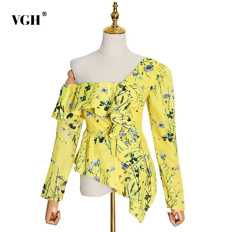 

VGH Asymmetrical Patchwork Shirts For Women Skew Collar Off Shoulder Long Sleeve Ruffles Blouses Female Fashion Clothing Summer