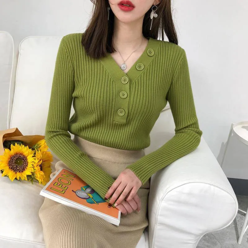 Women Sweater Winter Tops Long Sleeved V Neck Buttons Brown Sweaters Korean Knitted Pullover girl Fashion Bottoming Shirt | Женская