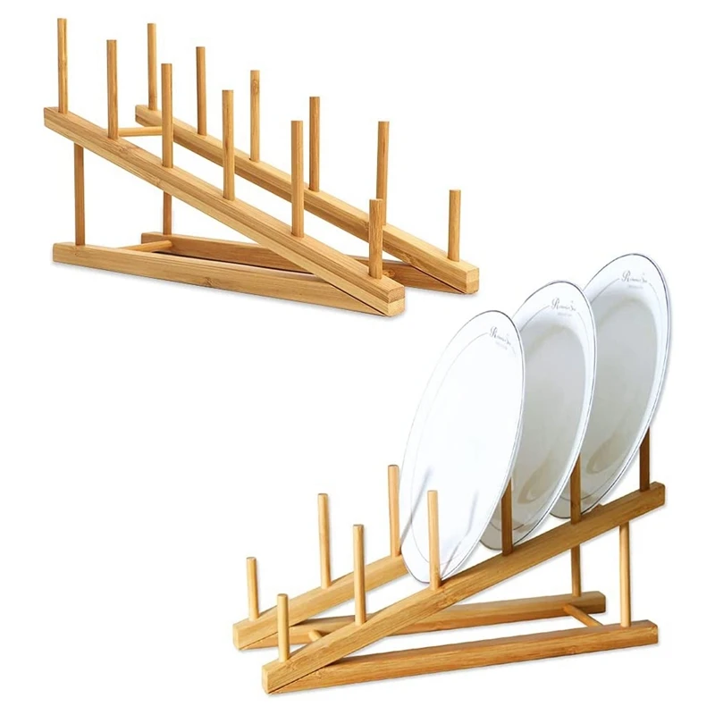 

2 PCS Wooden Dish Rack Bamboo Plate Rack Stand Pot Lid Holder, Dish Drying Rack Kitchen Cabinet Organizer for Dish Plate
