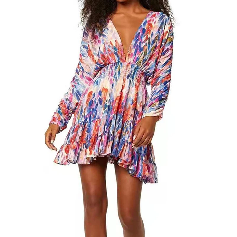 

HIGH STREET Newest 2021 Summer V-Neck Button Puff Sleeve Beach Style Bohemian Print Chiffon Silk Mini Dress