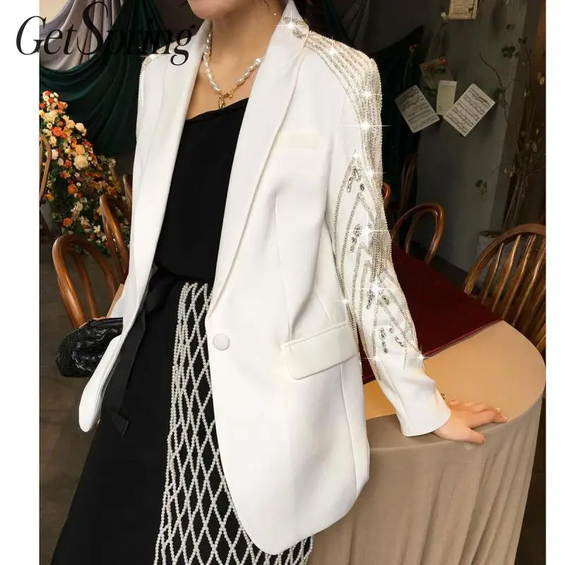 Женский блейзер GetSpring белый на одной пуговице с длинным рукавом длинный