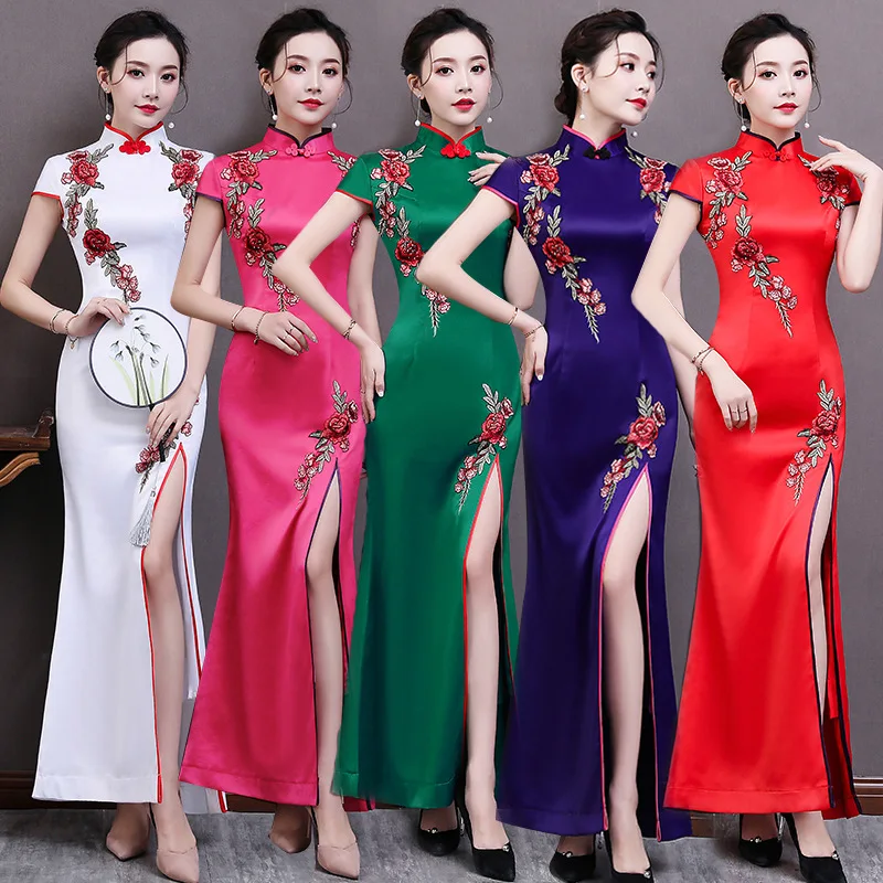 

Sexy Womens Long Evening Cheongsam Traditional Chinese style Short Sleeve Polyester Dress Qipao Slim Party Dresses Vestido