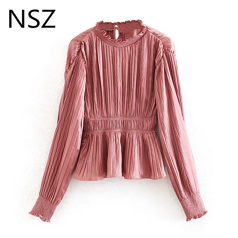 Женский атласный укороченный топ NSZ плиссированная блузка с длинным рукавом и