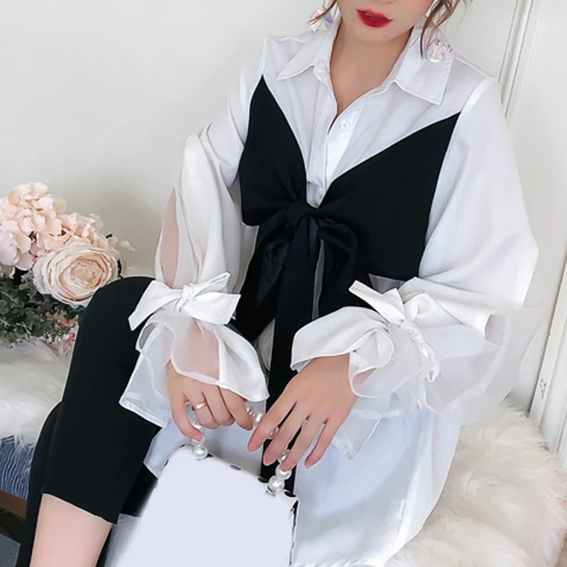 RealShe женская блузка с отложным воротником длинным рукавом одноцветная бантом