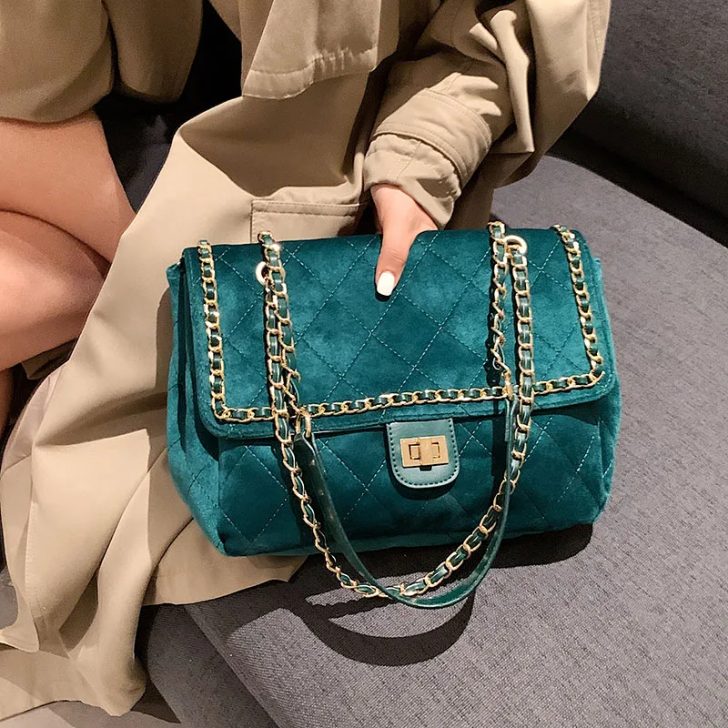 

Vintage Lingge Chain Suede Leather Big Shoulder Bags Designer Quilted Lady Handbag Casual Crossbody Bag Large Capacity Tote 2021