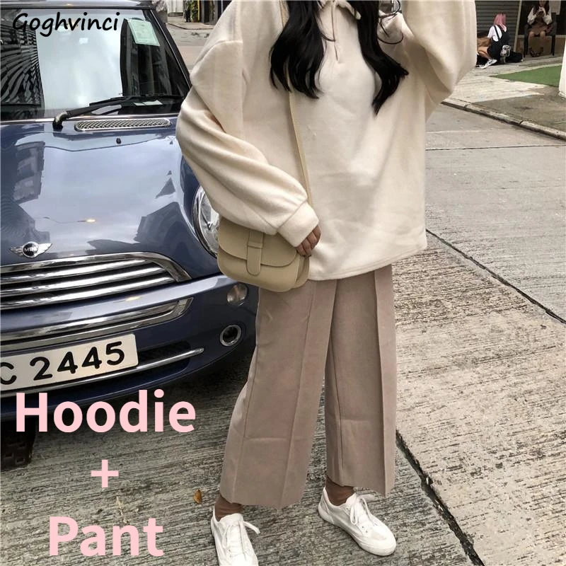 

Women Sets Turn-down Collar Hoodies Solid Pants Leisure Simple Daily Streetwear Korean Style Fashion Females 2 Pecs Harajuku New