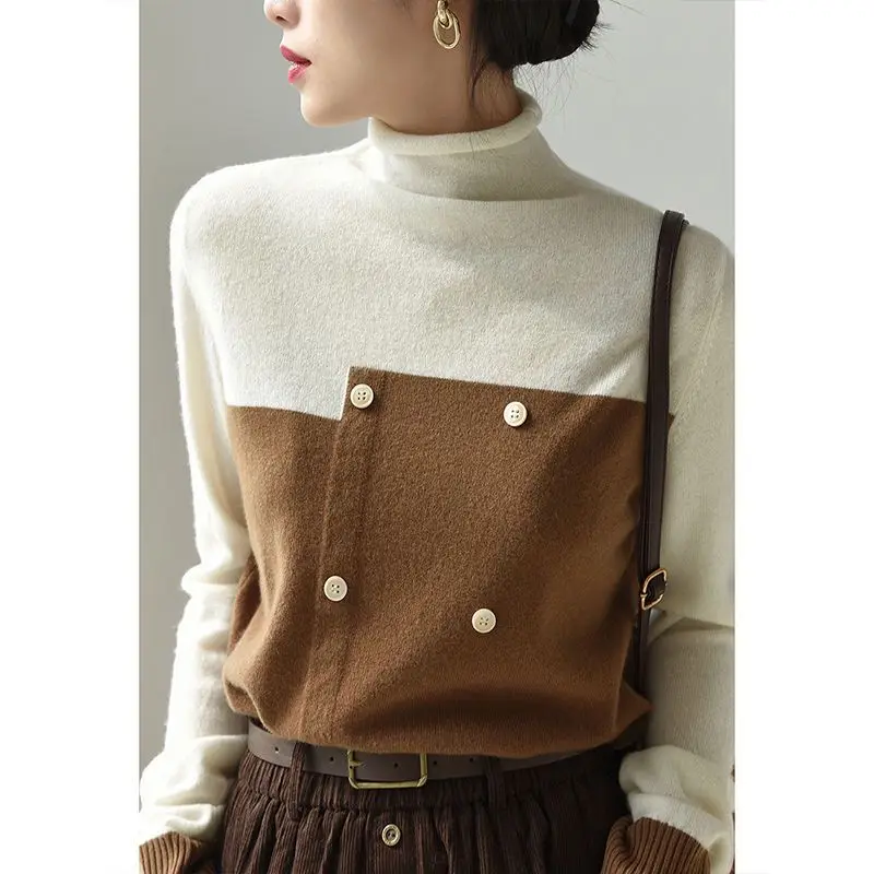 

2021 half high collar base shirts for women Chic Stitching color Top women Autumn Winter Slim Women Pullover Knitted Sweater