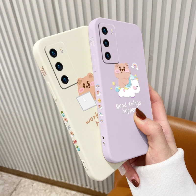 

Struggling Bear Phone Case For Huawei P40 P40Lite P30 P20 Mate 40 40Pro 30 20 Pro Lite P Smart 2021 Y7a Liquid Silicone Cover