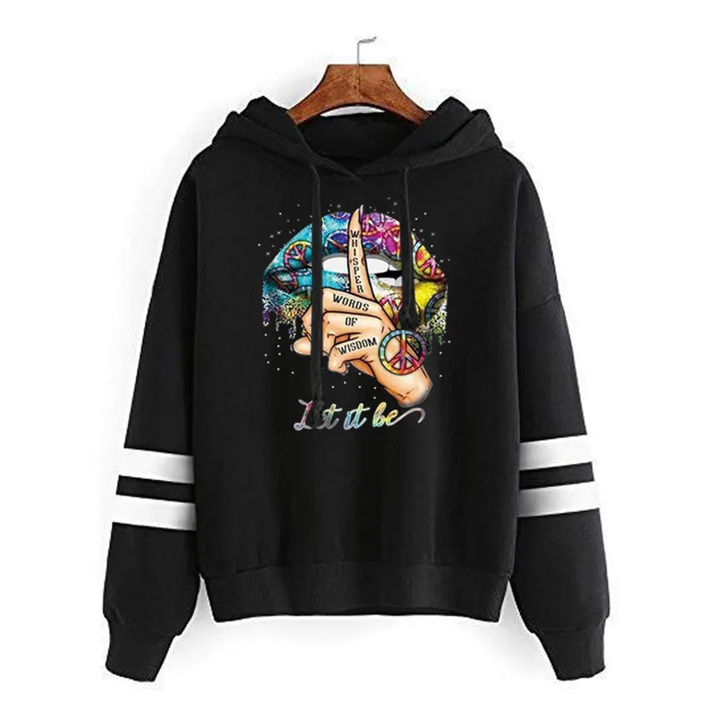 

Popular Women Hoodies Colorful Lip Print Sweatshirts Women Double Striped Long Sleeve Pullover Unisex Spring Autumn Clothes Tops