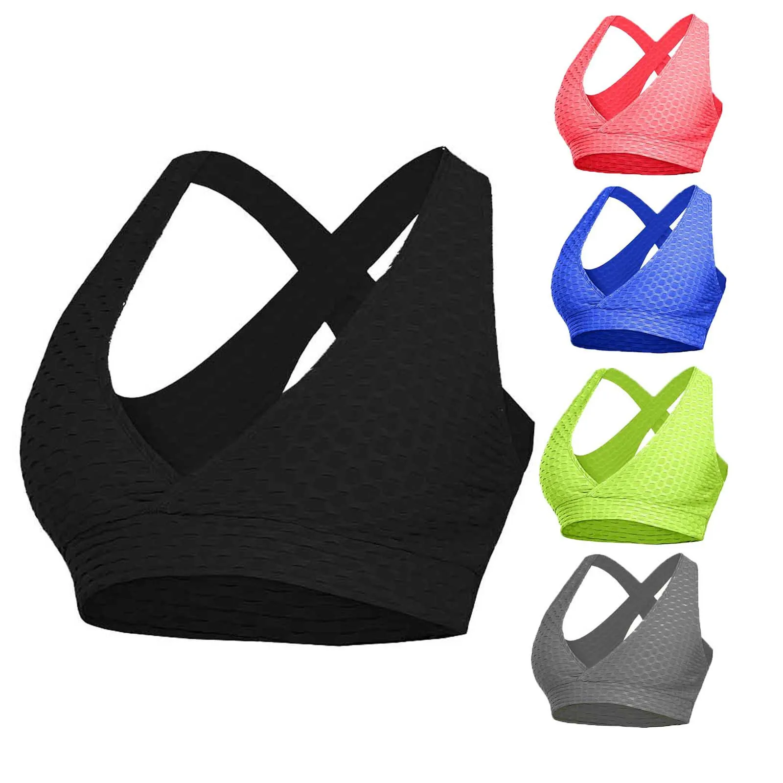 

Women Yoga Sports Bra Sexy Deep V Fitness Top Push Up Workout Bras Solid Activewear Female Bubble Bra Cross Back Fashion