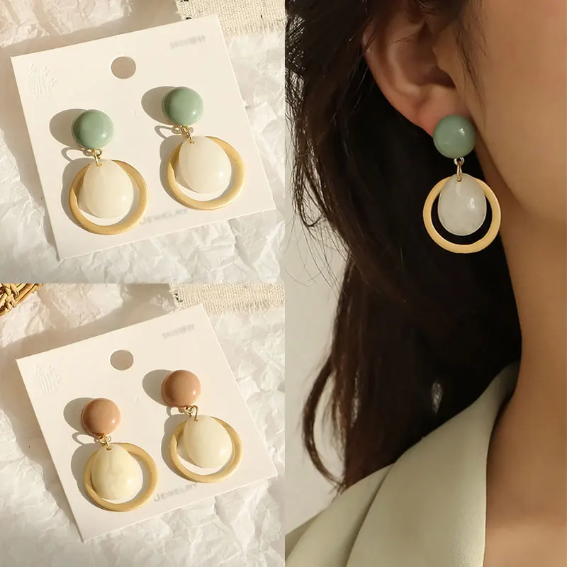 Женские корейские сережки шпильки геометрические круглые висячие серьги с