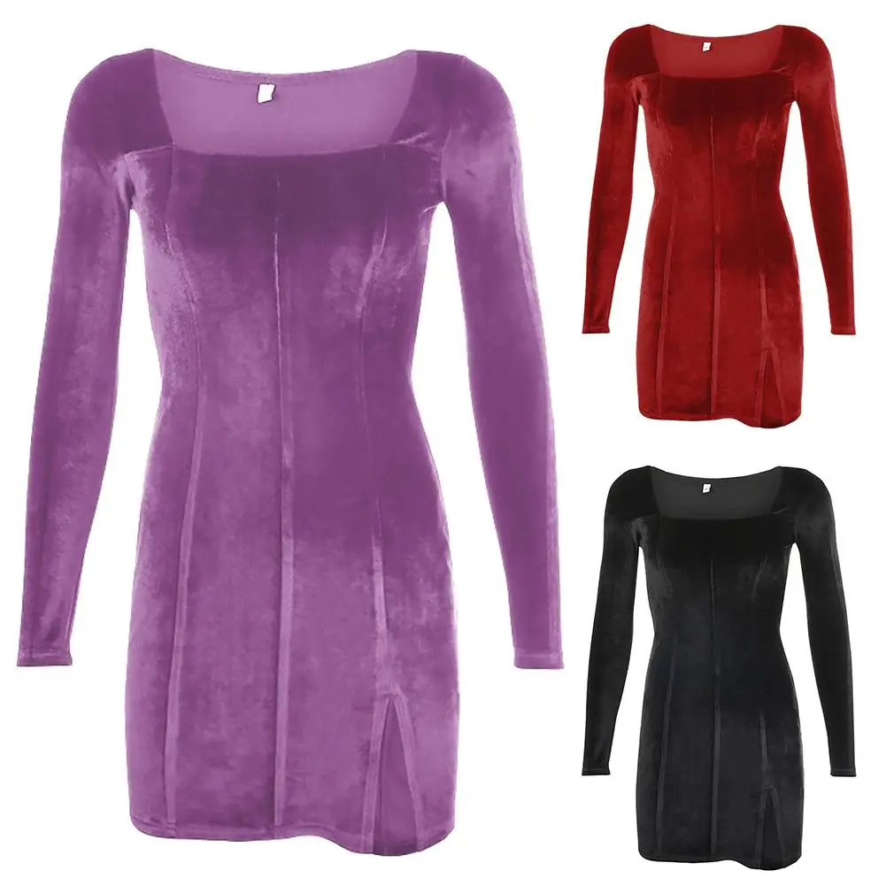 

HOT SALES!!! Women Solid Color Low-cut Split Party Bodycon Dress Long Sleeve Gothic Clothing