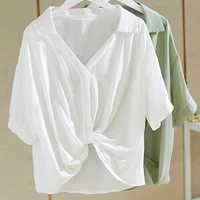 women blouses summer white short sleeve goth blouse women 2020 esthetic knot on waist loose shirts cotton tops femmes blouses