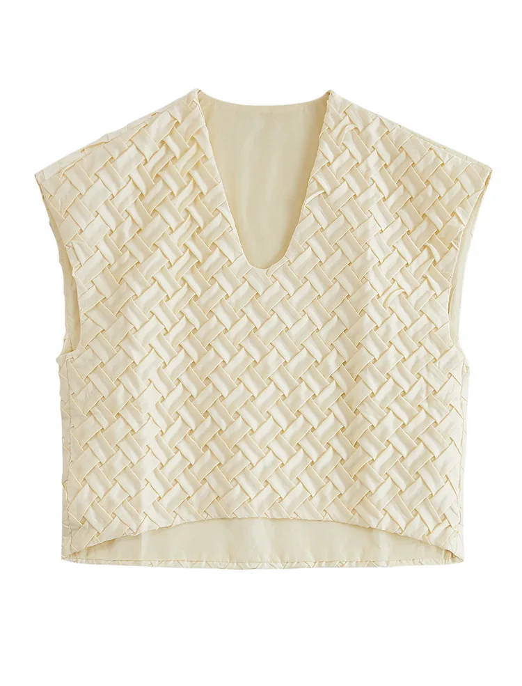 

SuperAen Fashion Woven V-neck Solid Blouse Women's 2021 Summer New Loose Sleeveless Vest Short