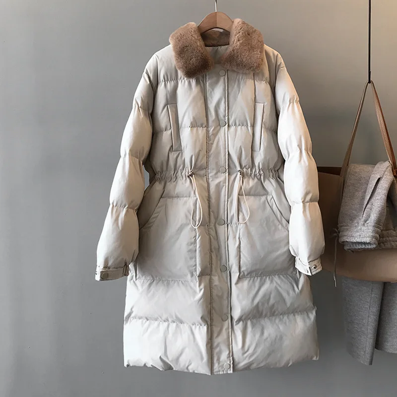 

COZOK 2021 Winter Down Cotton Jacket Female Rabbit Hair Collar Waist Length Over Knee Warm Cotton Jacket Female 1981