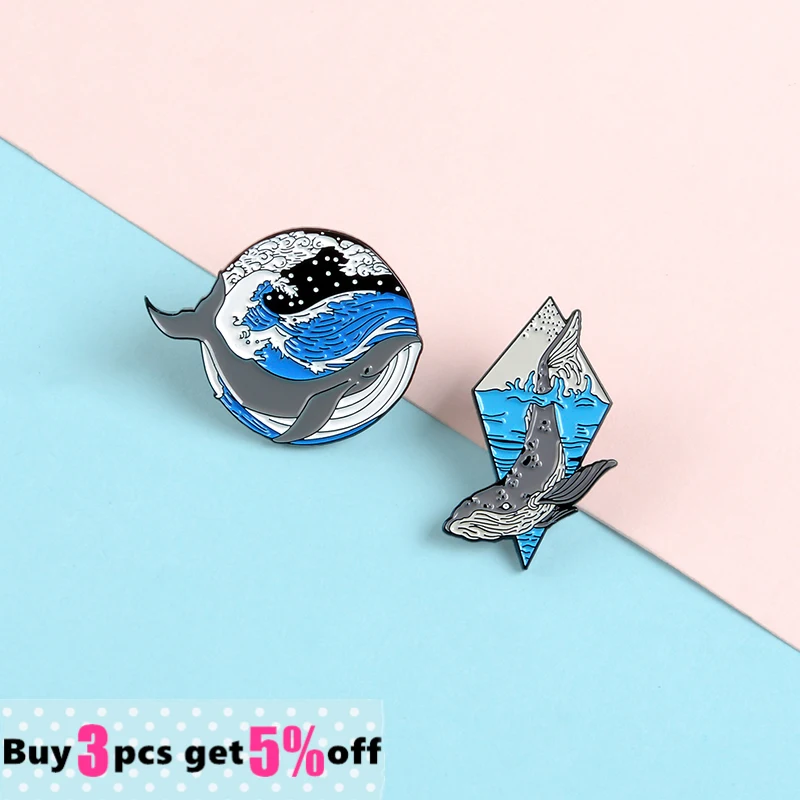 Wholesale Ocean Grey Whale Pins Blue Sea Raging Waves Enamel Badge Collar Brooch Lapel Pin Backpack Jewelry Gift for Friend | Украшения и